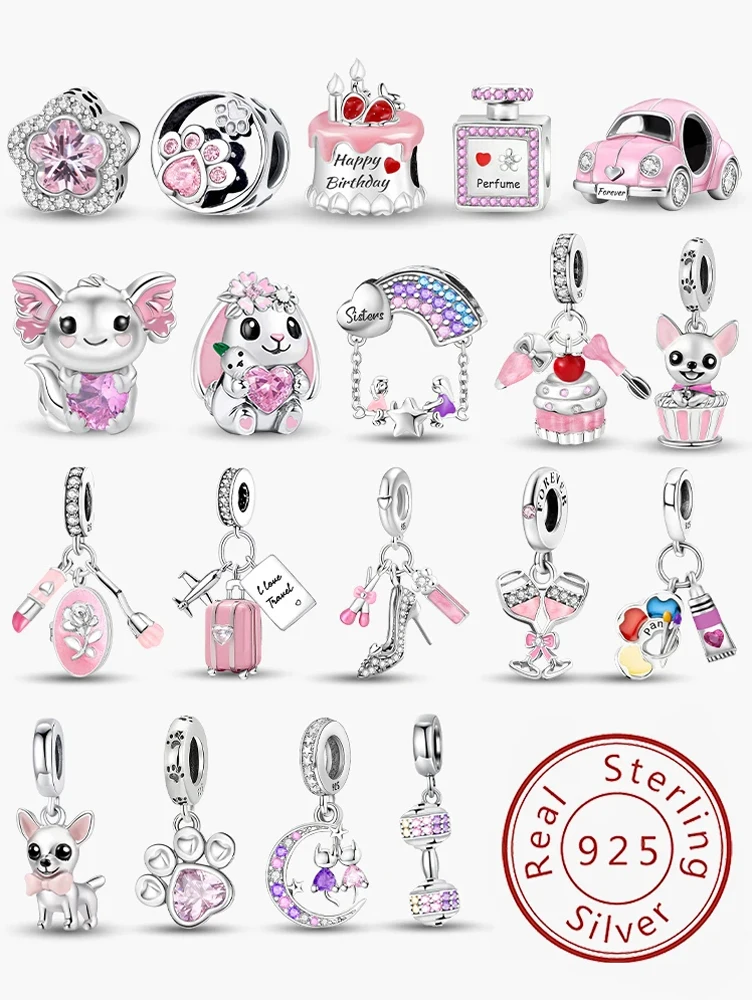 Charms-Perlen aus 925er-Sterlingsilber mit Kuchen-High-Heels, rosa Serie, passend für DIY-Armbänder, Halsketten, Geschenk mit hochwertigem edlem Schmuck