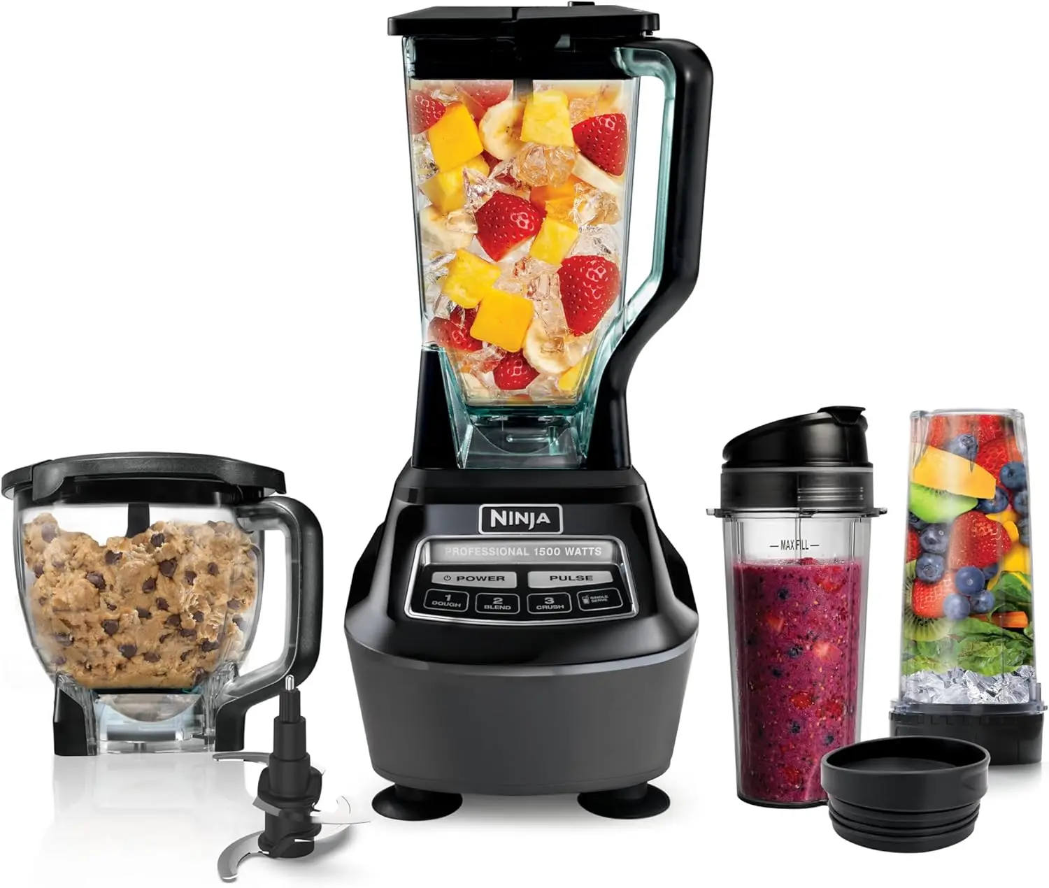 All-in-One Food Processor & Blender for Smoothies, Salsa, Dough | 1500W Power | Includes Pitcher, To-Go Cups & Bowl