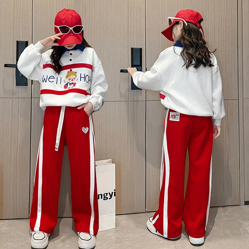 Spring Autumn School Girl Tracksuit Teenager Girl Cartoon Letter Printed Sweatshirt+Wide-leg Pants Child Jogging Sets 4-12Years