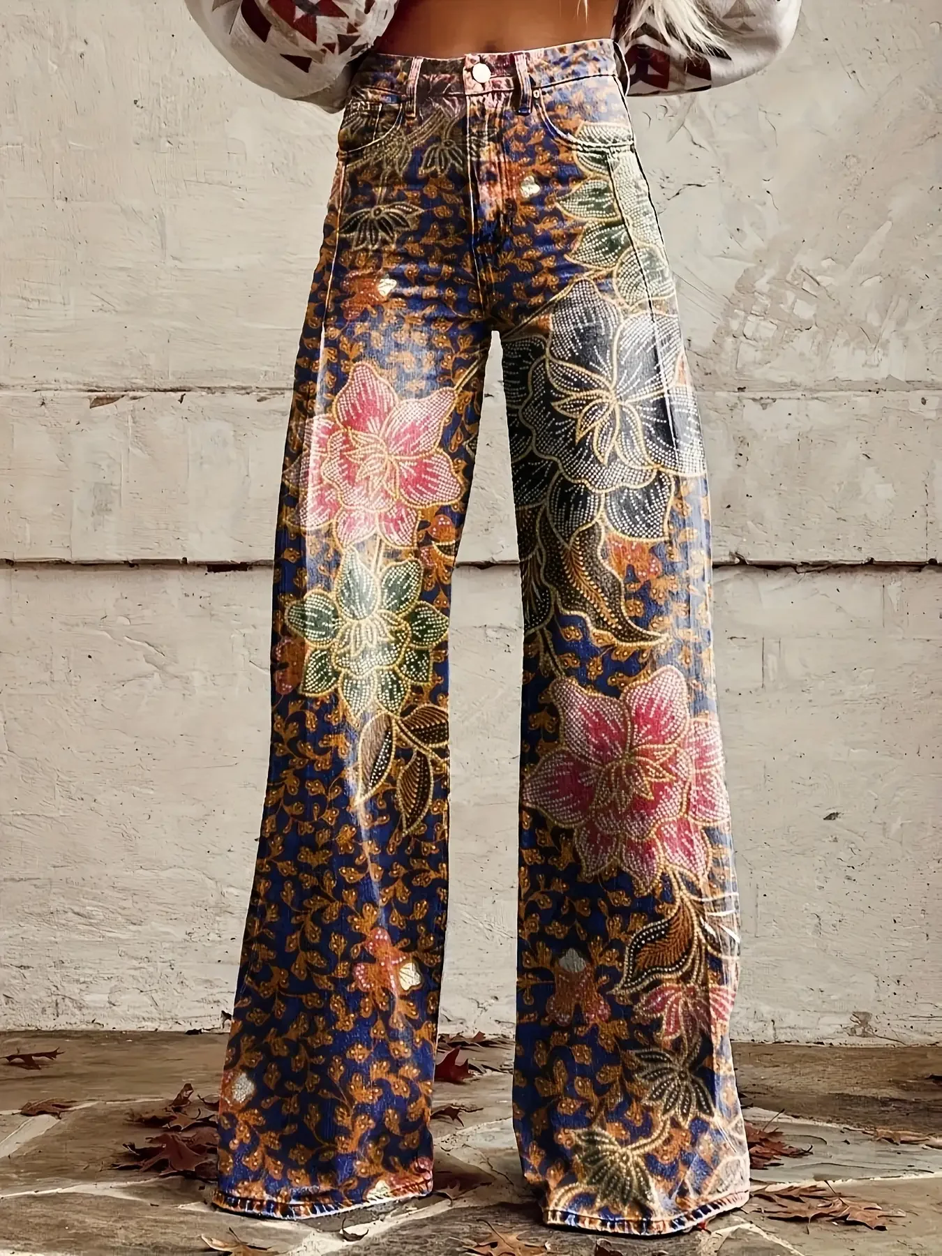 2026 Chinese retro yellow and red flower printed loose trumpet imitation jeans