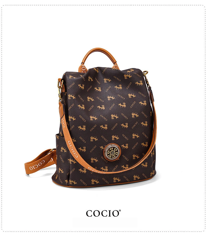 COCIO Women's Luxury Plaid Backpack Lightweight Large Capacity Travel & School Bag with Leather Trim And Metal Badge