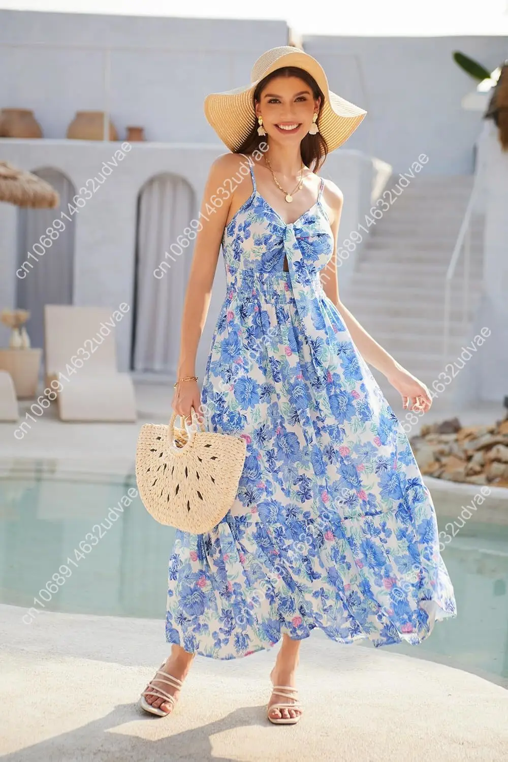 Women's 2025 Summer Maxi Dress Floral Tie Front Spaghetti Strap Casual Boho Beach Flowy Sundress with Pockets