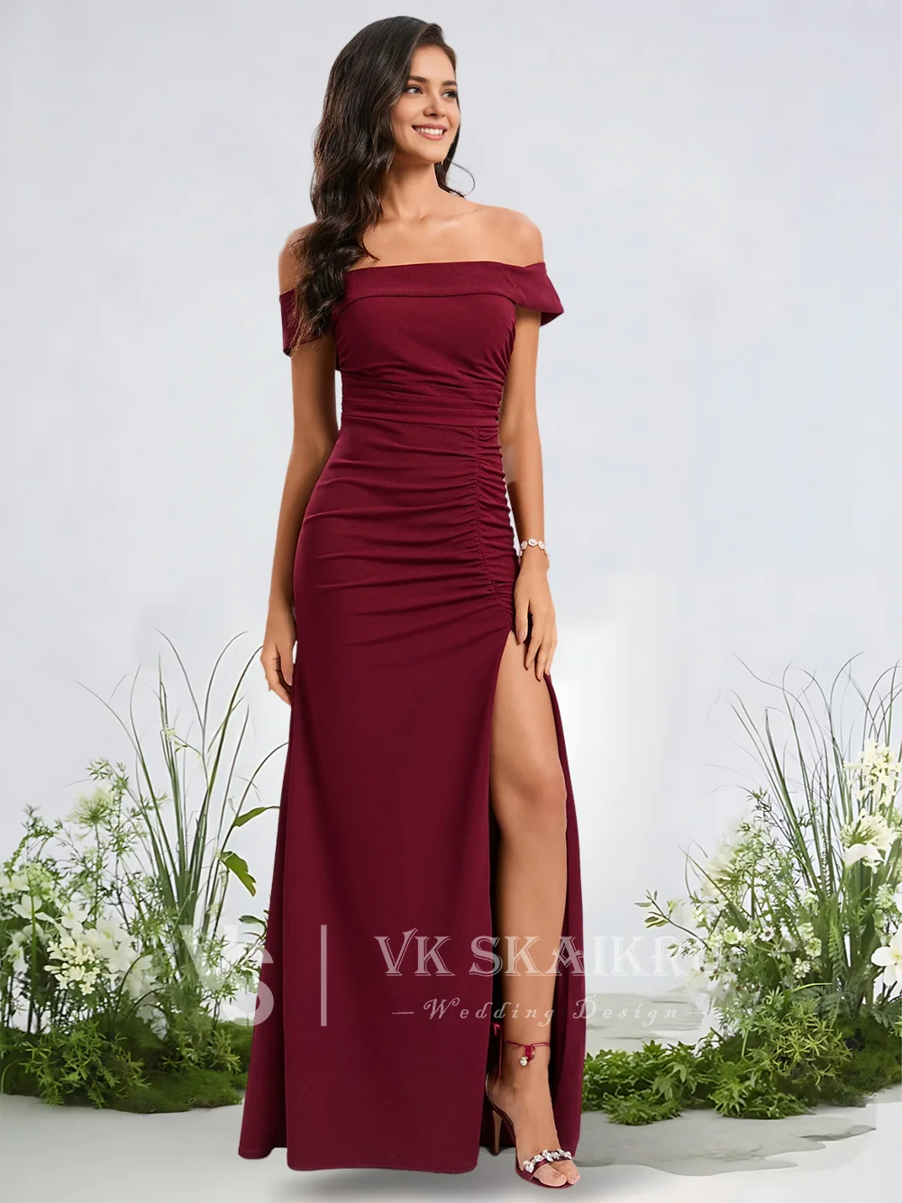 Abiti da damigella d'onore a sirena a tromba B con spalle scoperte Crepe elasticizzato al pavimento con abiti da festa per invitati a un matrimonio senza spalline con volant