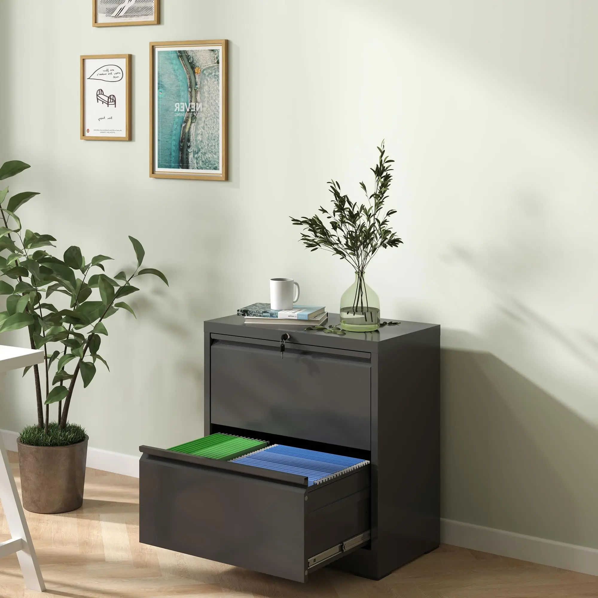 Lateral Metal File Cabinets 2 Drawers,Black Locking Filing Cabinet