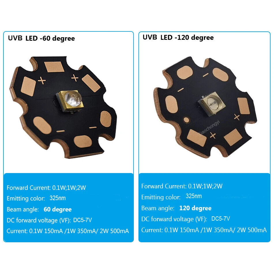 325nm UVB UV LED Beads 320-330nm Ultra Violet Light-Emitting Diode 0.1W 1W 2W with 20mm Copper Substrate DC5-7V