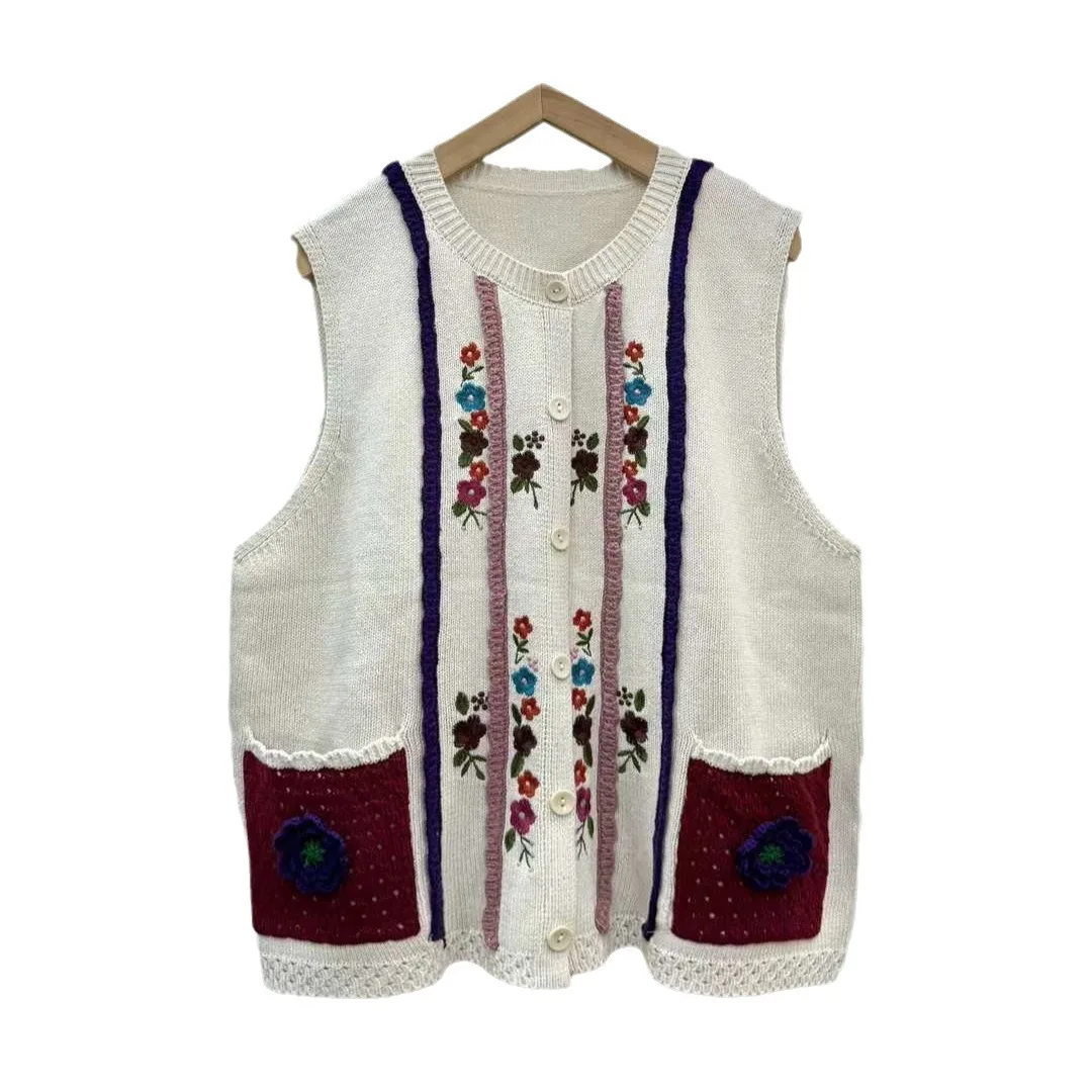 Vintage Flower Knitted Japan Style Mori Girl Sweet Embroidery Vest Women O-Neck Sleeveless Sweater Single Breasted Knitwear Tops