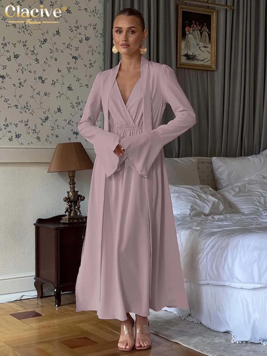 

Clacive Fashion Loose Pink Women Dress 2025 Sexy Bow Collar Long Sleeve Ankle Length Dresses Elegant Classic Solid Female Dress
