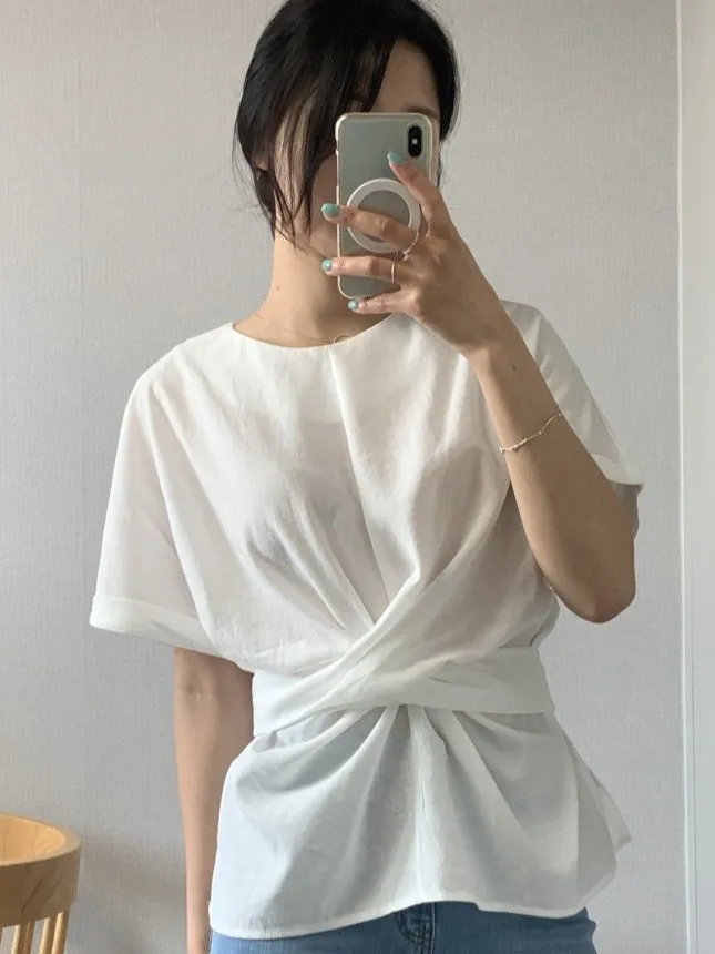 

Ele ort Sve irt Women's Design Cross Pleated Waist in Summer New Sle Small Size irt Pure Color round Ne Loos...