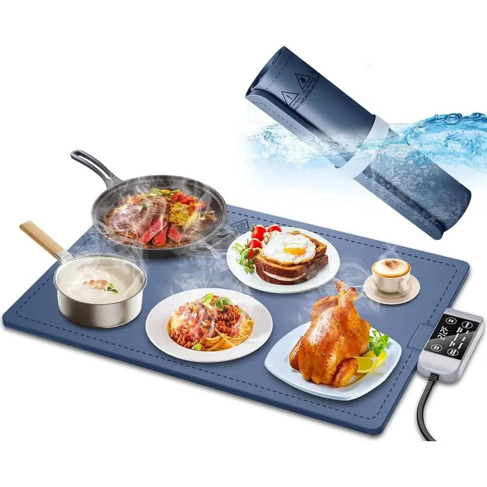 Waterproof Electric Food Warming Mat Silicone Heating Tray 17 Temp Settings 6 Hour Timer Non Slip Design Full Surface Heating