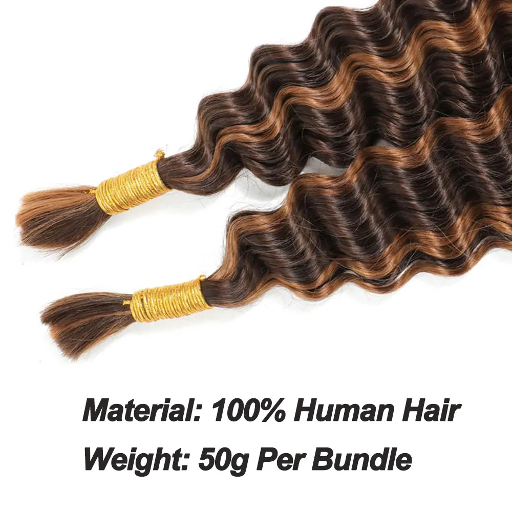 Deep Wave Human Hair Braiding Hair For Boho Knotless Braids Bulk Double Drawn P4/27 Highlight Curly Bulk Human Hair For Braiding