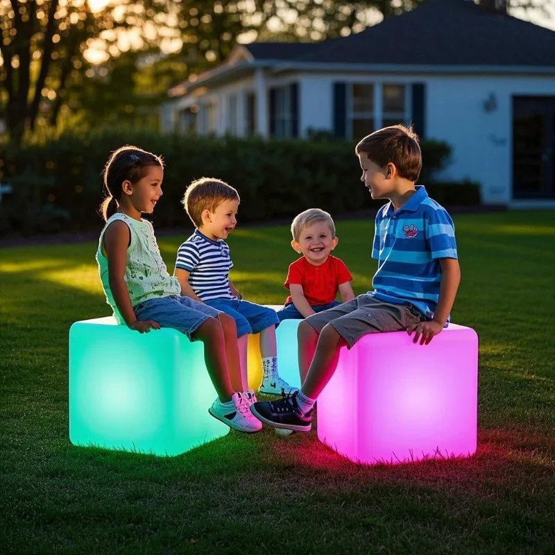 14-Inch Color Changing LED Cube Light Stool, Glow Cube Seat for Kids, Modern LED Light Side Table, 16 RGB Colors LED