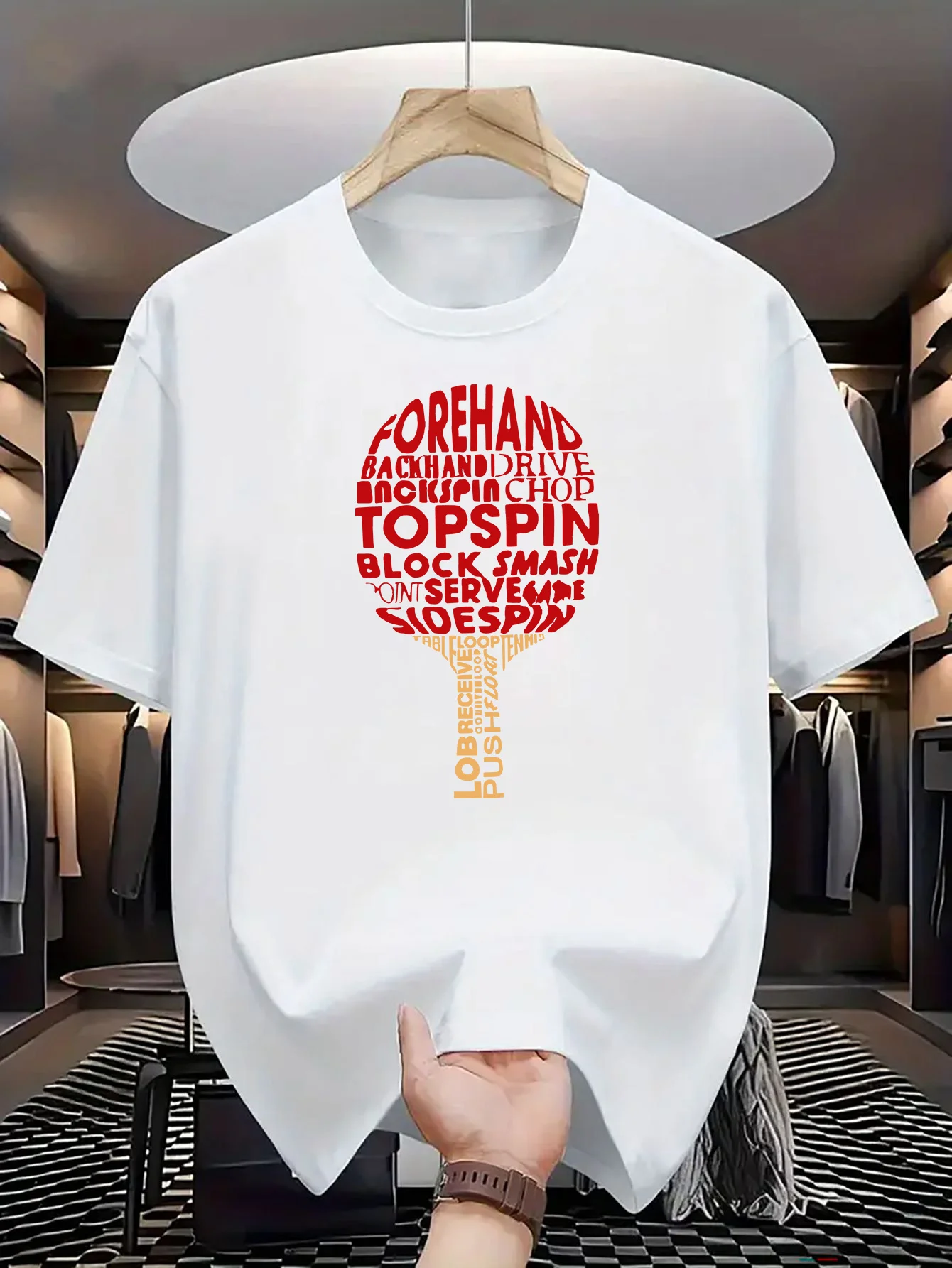 

Table Tennis Stroke Word Cloud Graphic Men's Cotton Crew Neck T-Shirt Breathable Summer Casual Tee