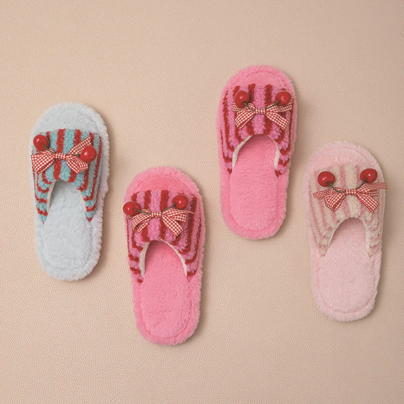Color-blocking Open-top Plush Slippers for Winter, New Style with Bow Stripes for Girls, and Fluffy Cotton Slippers for Girls
