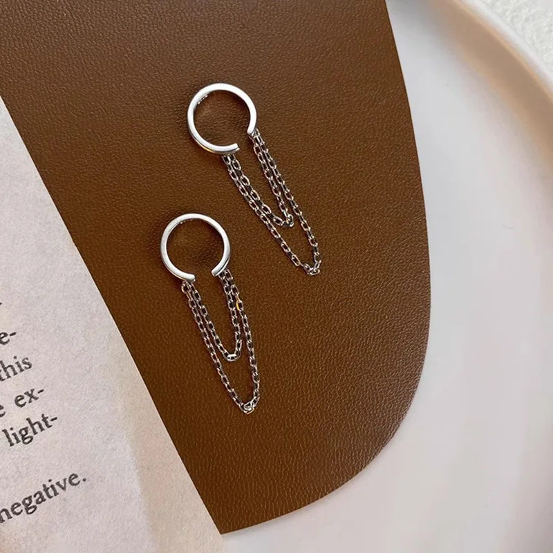 2PCS 925 Sterling Silver Ear Cuffs Fake Piercing Cartilage Ear Clip Double Layer Tassel Chain Clip On Earrings For Women Jewelry