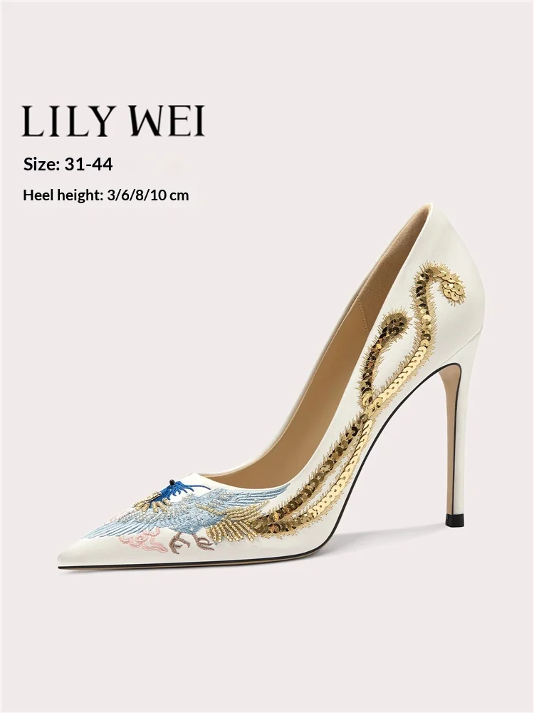 

Spring new pointed shallow silk embroidered beaded single shoes banquet dress large size small size thin high-heeled women shoes