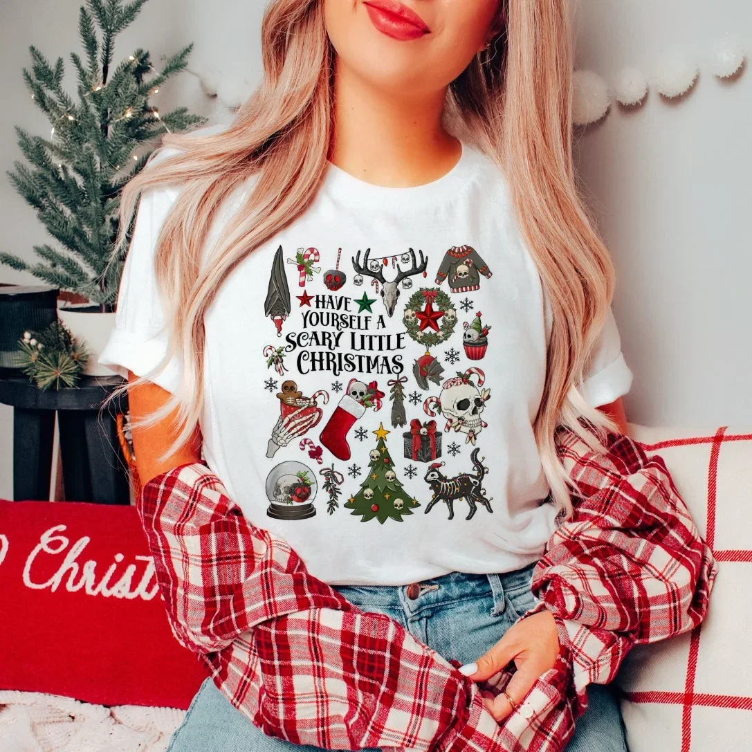 Harajuku Women's 90s Gothic Christmas Ornament Printed Short Sleeve Top T-Shirt Fashion Versatile Printed Women's Loose T-Shirt