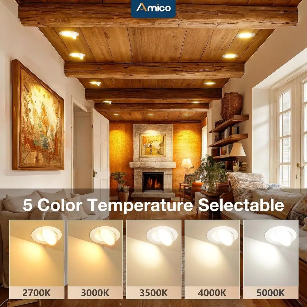 Pacote com 6 Luminárias LED Embutidas de 6 Polegadas 5CCT, 360 ° &90 °   Luminária Direcional Ajustável, Regulável, 2700K/3000K/3500K