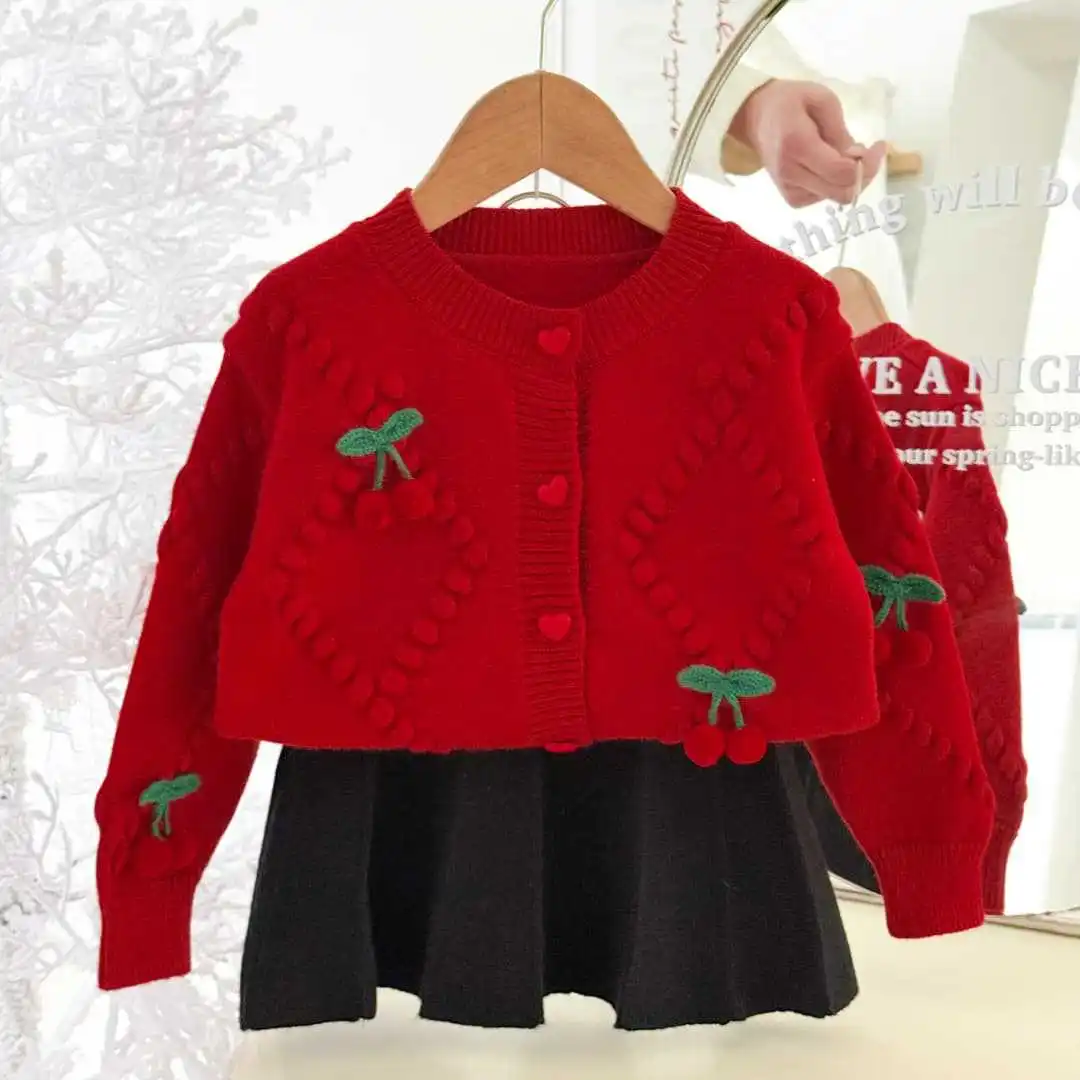 Girls' Cherry Knit Cardigan New Spring Autumn Sweater for Baby Toddler Girls Stylish Cute
