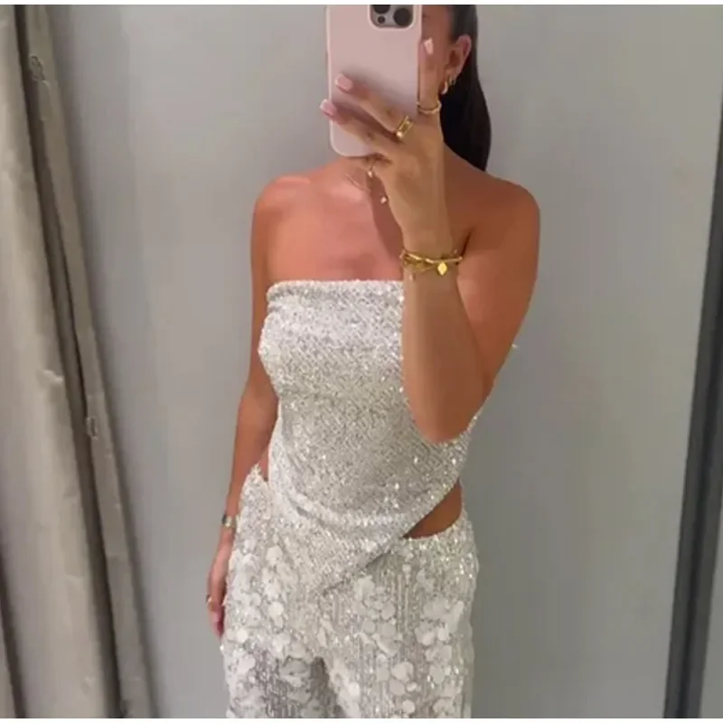 Pailletten-Zweiteiler für Damen, schulterfreies Tube-Top, mittelhohe Taille, gerade geschnittene Hose, sexy, modisches, passendes Outfit für Partys – Detail 1