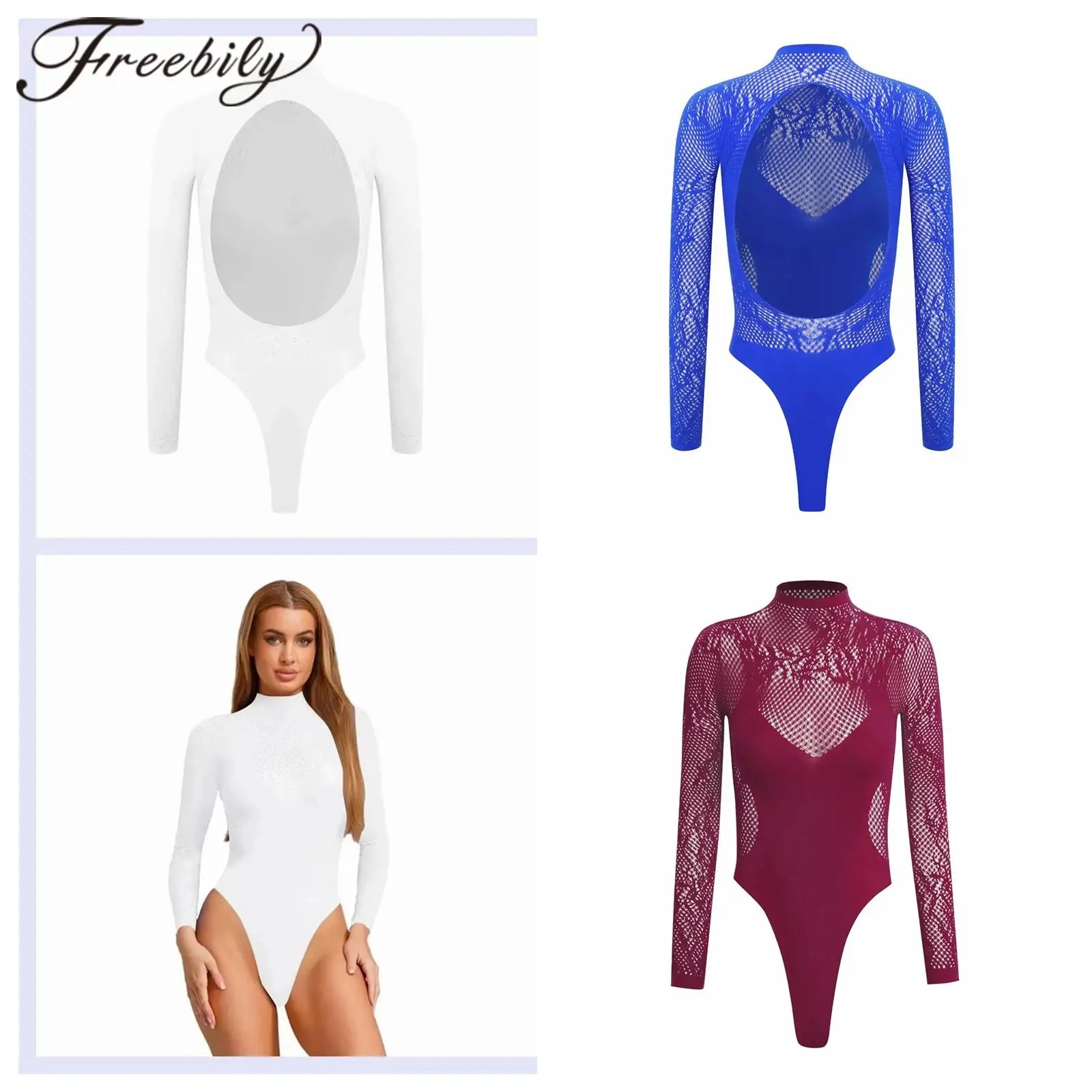 

Women's Swimsuits Bathing Suit Adults Swimwear One Piece See Through Fishnet Bodysuits High Cut Long Sleeve Leotard Beachwear