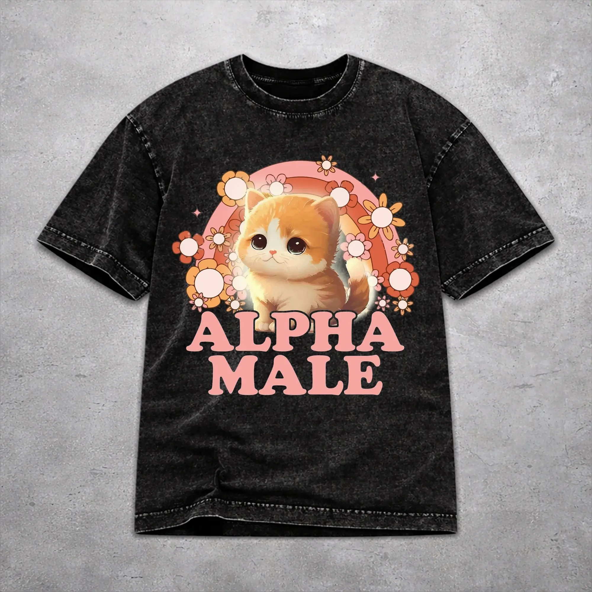 Alpha Male Cat Kitten Funny  Washed T Shirt Vintage Streetwear Men Women  Loose T-Shirts Tee Short Sleeve