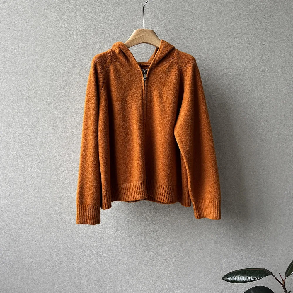 

Простой вязаный кардиган с капюшоном на молнии для женщин, осенне-зимний повседневный универсальный однотонный свитер, куртка