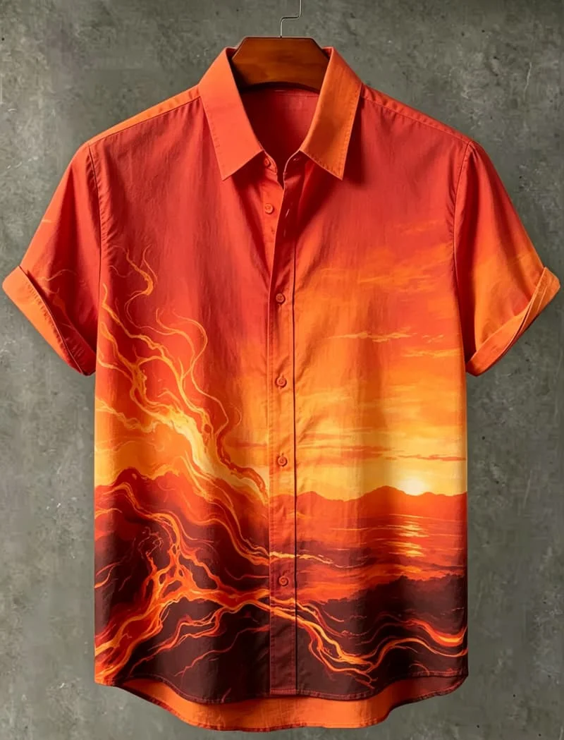 Men's Nature Landscape Print Short Sleeve Shirt，for Themed Parties, Bold Outings, Casual Events and Edgy Stylish Looks