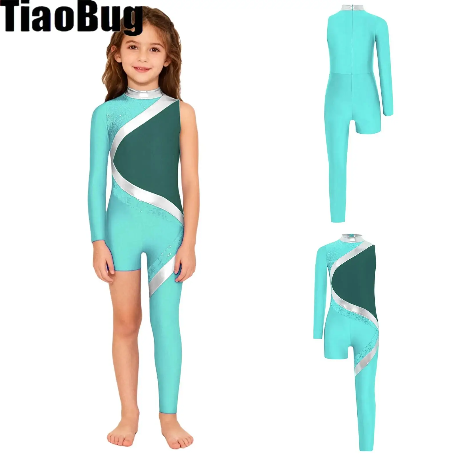 

Kids Girls Gymnastics Ballet Jumpsuit Mock Neck Back Invisible Zipper Shiny Sequins Color Block Asymmetrical Jumpsuit