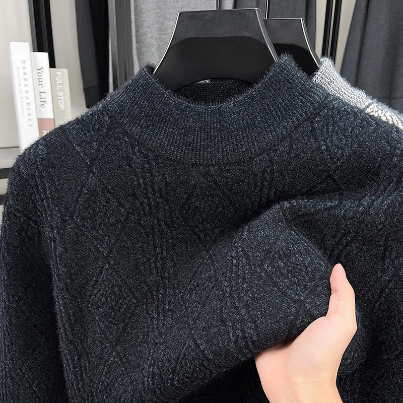 الرجال الصوف مبطن سميكة متماسكة سترة وهمية الرقبة طويلة الأكمام الدافئة لينة بلوفر شتوي محكم الجاكار ملابس عمل غير رسمية #6