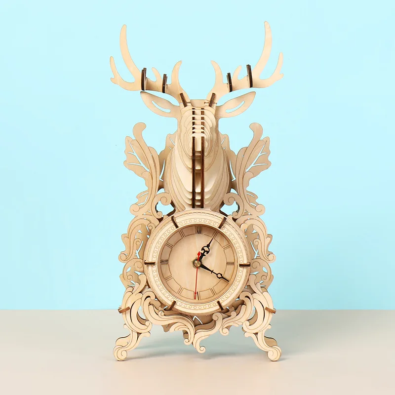 Wooden Puzzles For Adults 3D Christmas Reindeer Desk Clocks Model Craft Kit Wood Desk Decoration Birthday Gift Toy For Kids Teen