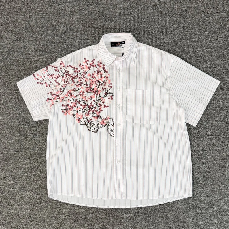 Newly Arrived DERSCHUTZE Shirt High Quality Cherry Blossom Embroidery Pattern Striped Casual Shirts