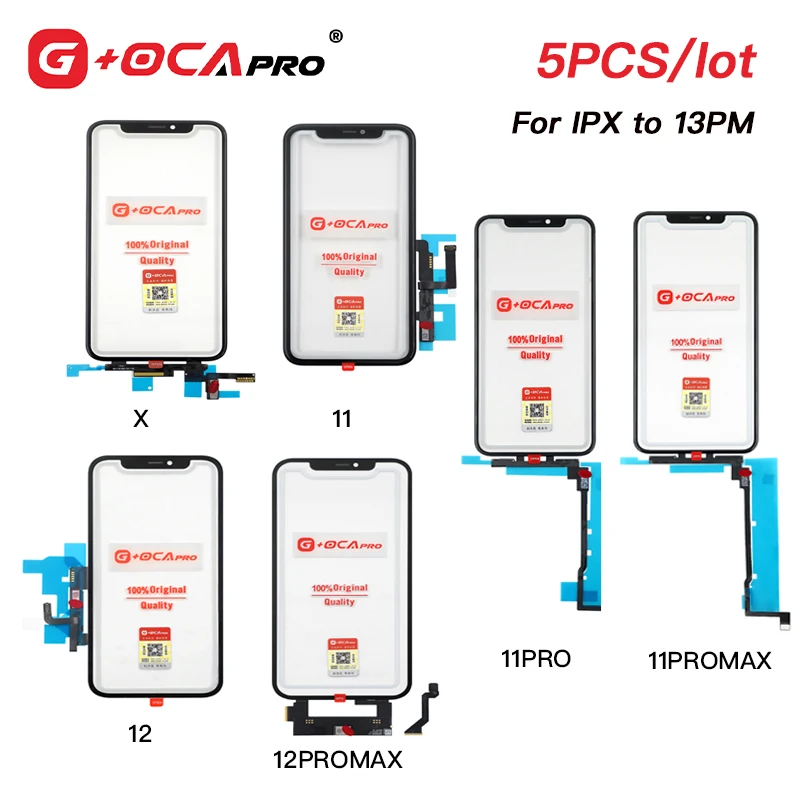 

5Pcs G+OCAPRO Touch Glass For X XR Xs Max 11 12 Pro 11Pro Max Touch Screen Glass With OCA Screen Digitizer Outer Panel