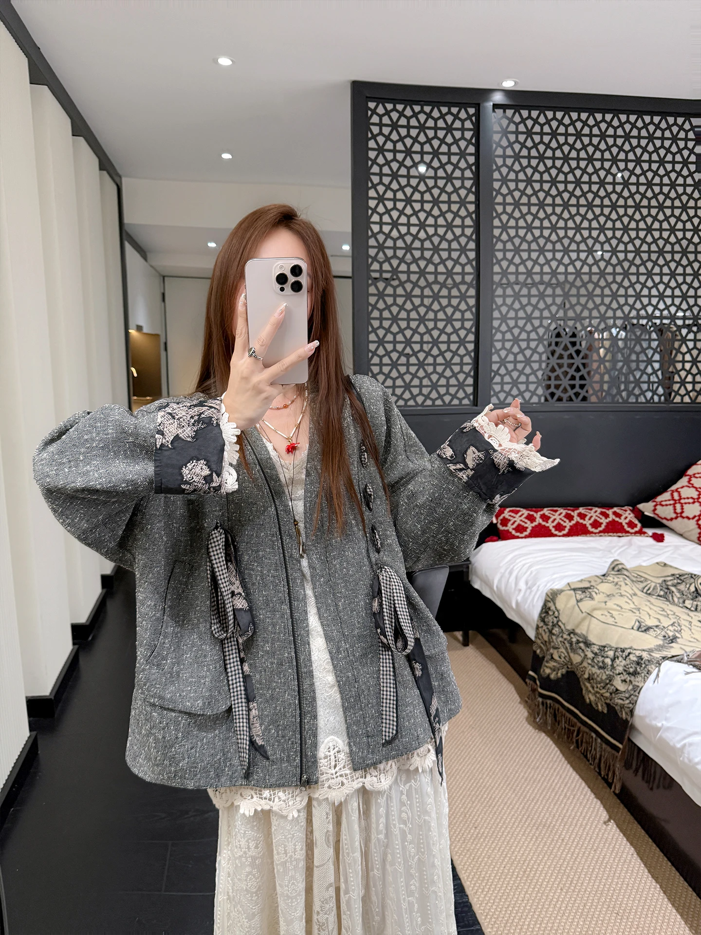 

Spring 26 Winston Sketch ey Mixed Color Patchwork Fluffy ort Jaet Women's Commute Sle Loose Fit Polyester Fabric Zipp...