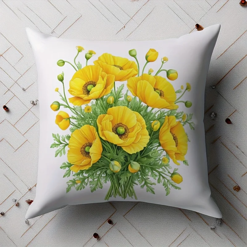 Yellow Flower Pattern Double-Sided Pillow Cover, 1pc Floral Decorative Cushion Case for Sofa, Bed, Living Room and Home Decor