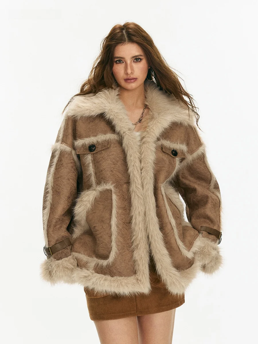 

Vone eeE American Retro Luxury Diamond id Motorcycle Jaet Women's Leather Fur Inteated 2026 Autumn Winter New Sle