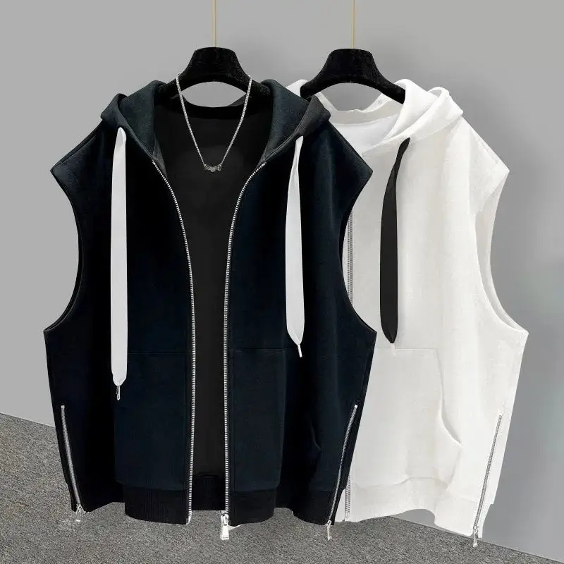 2024 Elegant Fashion Harajuku Slim Fit Male Clothes Loose All Match Casual Tshirts Solid Zipper Sleeveless Cardigan Hooded Vest