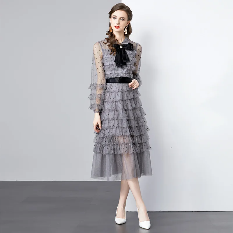 

New Elegant Big Bow Mesh Dresses Spring Women High Waist Cake Skirt Gray Dress Autumn O Neck Lace Long Sleeves Knee Length Dress