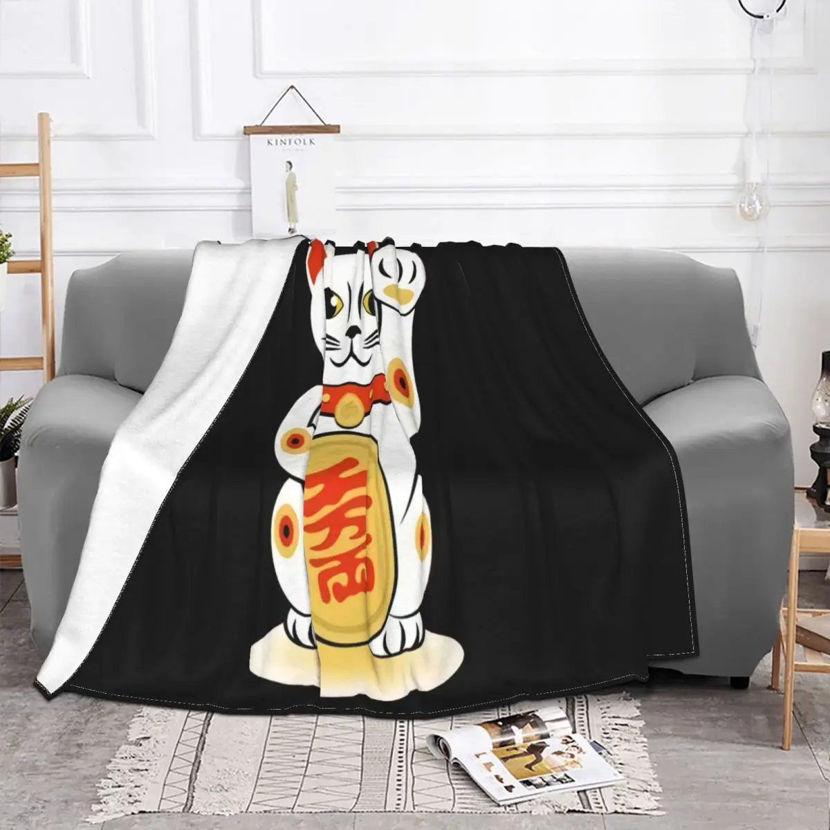 Manekineko Japanese Beckoning Welcoming Lucky Cat Red Cartoon Character Party Best Selling Throw Blanket