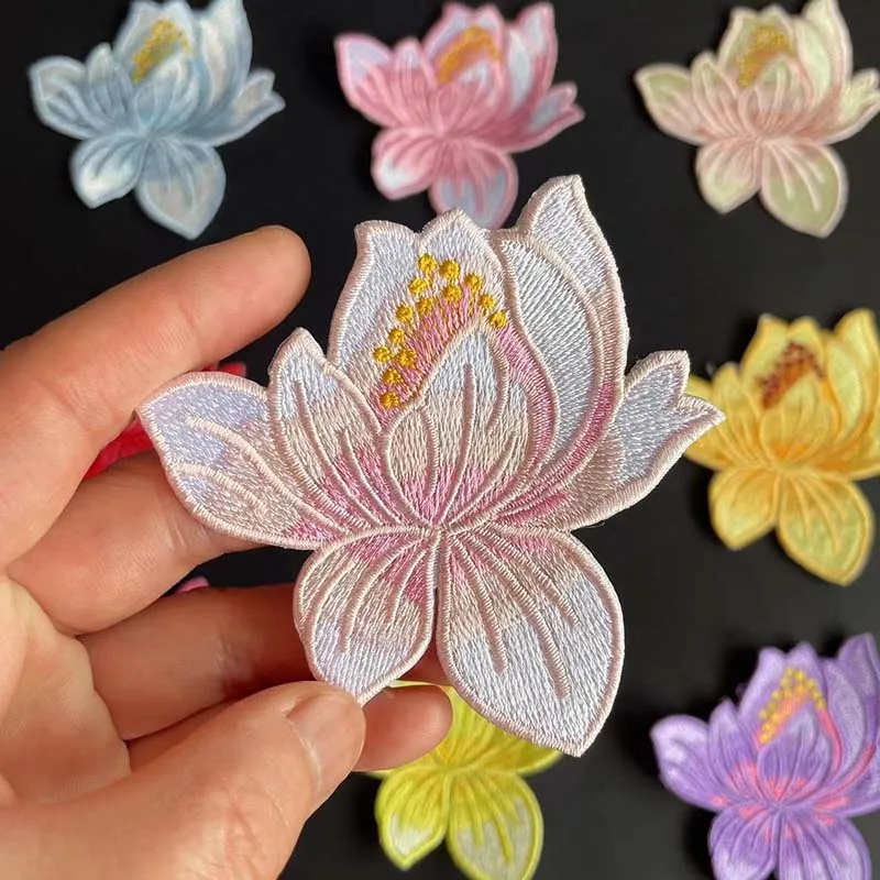 9 Stück, 1 Stück/Lotusblumen-Applikationsaufnäher zum Aufbügeln, Stoffblumen-Stickerei zum Aufbügeln für Kleidung, Kleider, Cheongsam – Detail 5