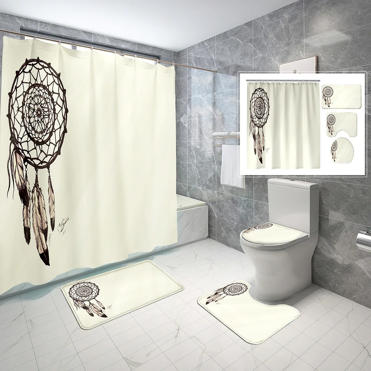 

4 Pcs Dream Catcher Net Shower Curtain Set with Toilet Lid Cover and Non-slip Bath Mat Ancient Art Waterproof Shower Curtain Set