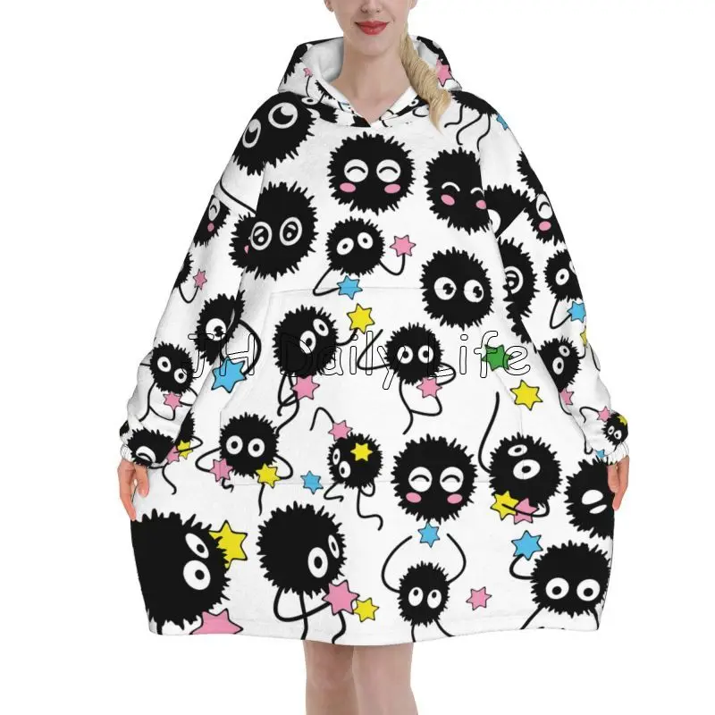 Wearable Blanket Hoodie Cute Soot Sprites Oversized Sweatshirts Blanket Warm Cozy Flannel Fleece Sherpa Blankets with Pockets