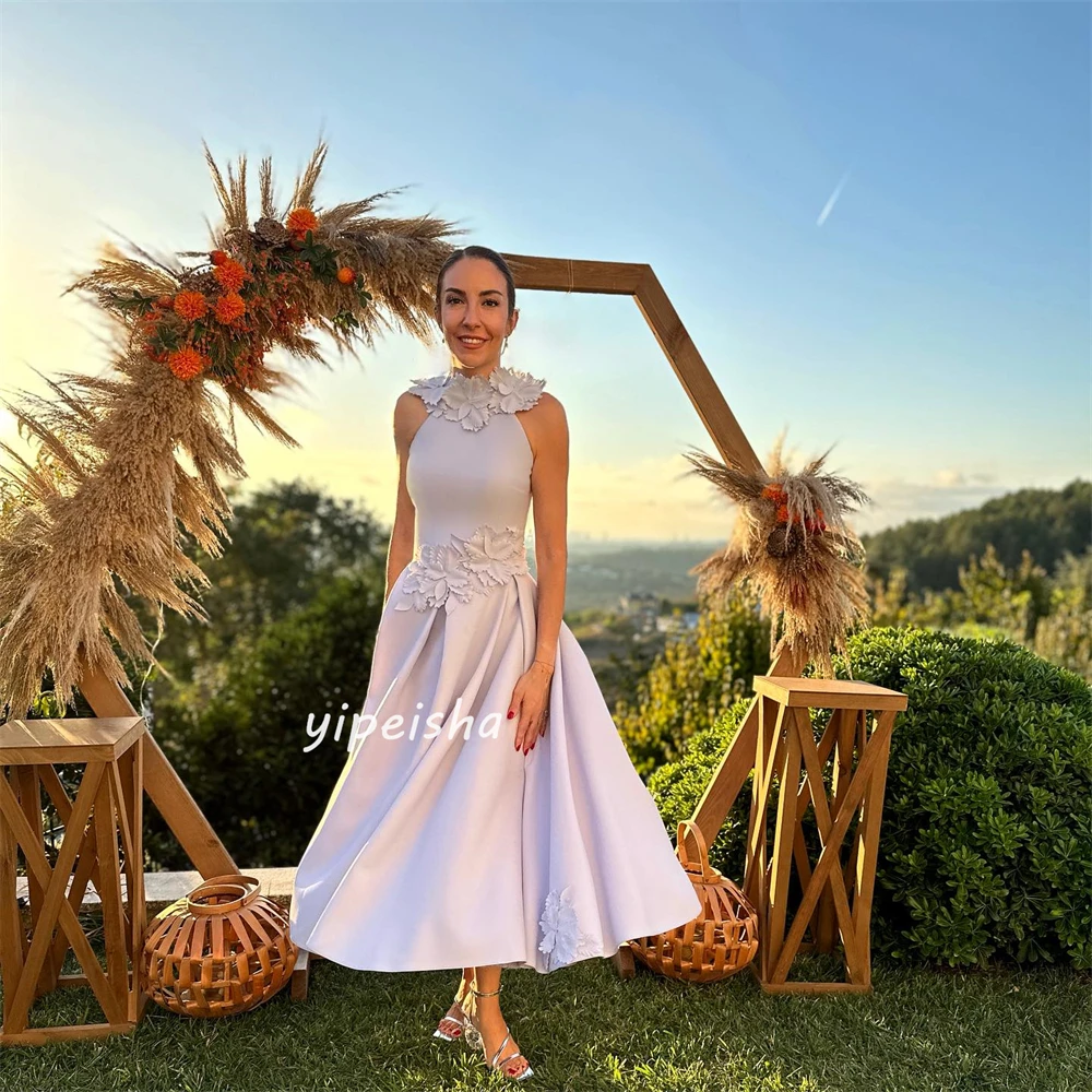 Customized Evening Jersey Flower Draped Homecoming A-line Halter Bespoke Occasion Gown Midi Dresses  Sexy Casual 