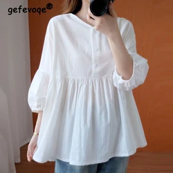 Women's Summer Simple Casual Oversized Blouse Trendy Ruffled V Neck Short Sleeve Shirt Solid 3/4 Sleeve Kawaii Tops Blusas Mujer