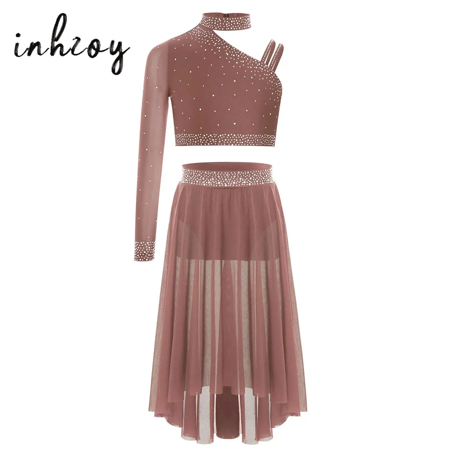 

Kids Girls Contemporary Lyrical Dancing Outfit Sparkly Rhinestones One Shoulder Crop Top+Side Slit High-Low Irregular Mesh Skirt