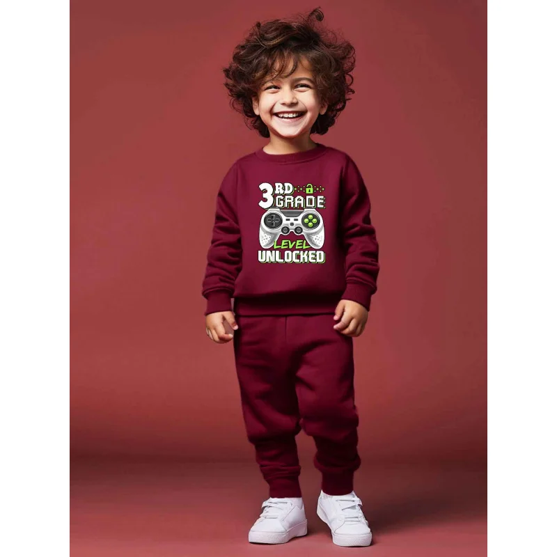 Boys round neck long sleved hoodie set cartoon game controller English letter printed versatile pants two-piece set 2459A