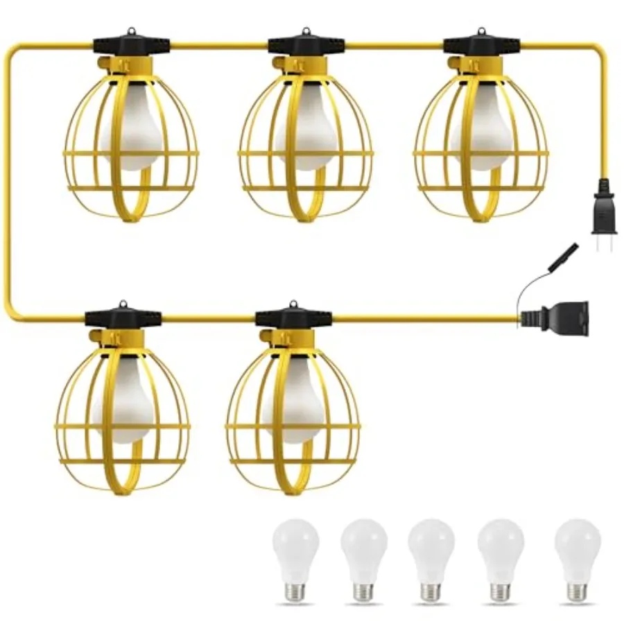 Construction String Lights, 5 Bulbs 50W 5250LM Work Lights with 5 Medium Base Sockets, Linkable Construction Lights, Weatherpro