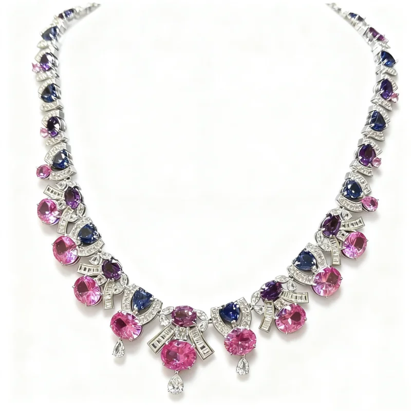 BELLUX Luxury Art Deco Purple Pink Lab Grown Gemstone Necklace 925 Silver Vintage Party Jewelry for Women