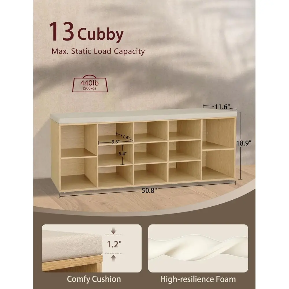 Panca portaoggetti per scarpe imbottita multiuso con 13 scomparti, scaffale regolabile per ingressi domestici, fango e altro ancora in Natur