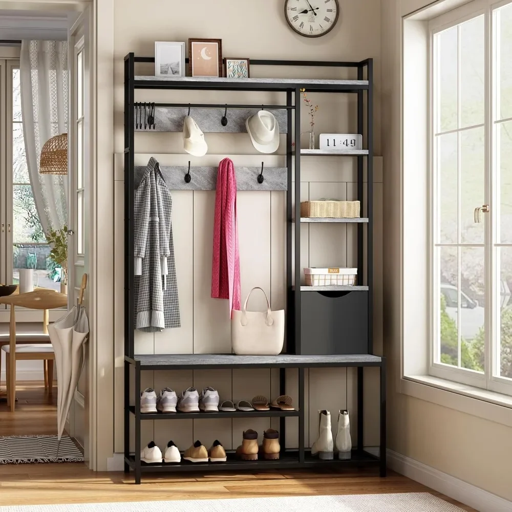 

Coat Rack with Storage, Hall Tree with Storage Bench, 5-in-1 Entryway Bench with Hooks, Easily Assembled, Coat Racks