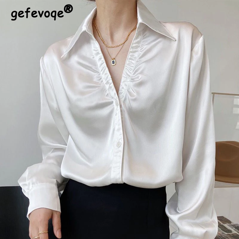 Autumn Womens Satin Luxury Black White Minimalist Shirt Office Lady Business Casual Elegant Blouse V Neck Long Sleeve Loose Tops